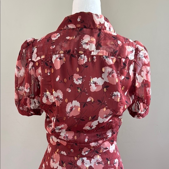 Walter Baker Smith Berry Hibiscus Burgundy Floral Handkerchief Hem Mide Dress S - Picture 11 of 16